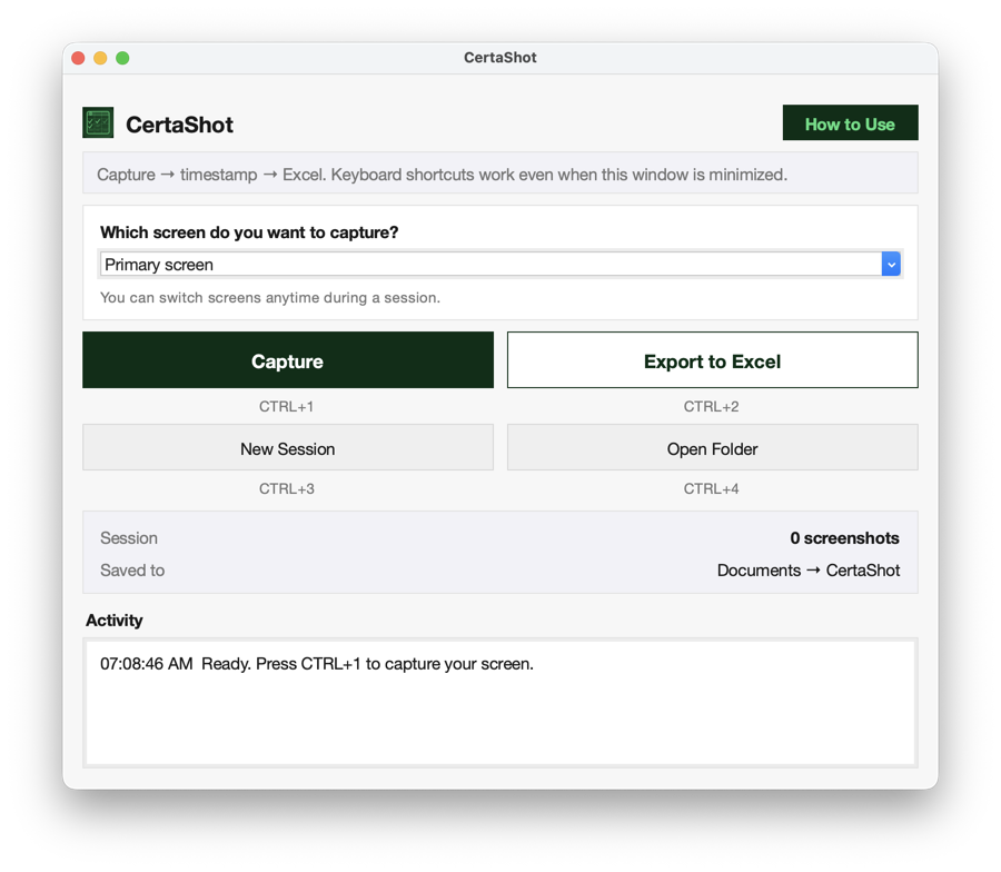 The CertaShot app window showing Capture and Export to Excel buttons with CTRL+1 through CTRL+4 shortcuts